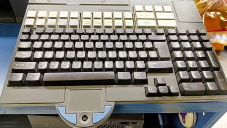High Angle View vintage cash register in marketの写真素材