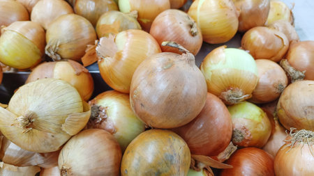 High Angle View Big Onion in vegetable marketの写真素材
