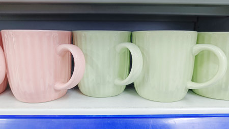 close up of cups displayed in glassware shopの写真素材
