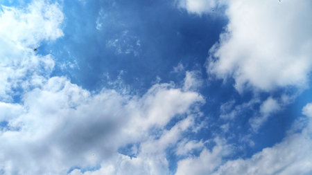 Beautiful Blue Sky with clouds background, Copy Space For Textの写真素材