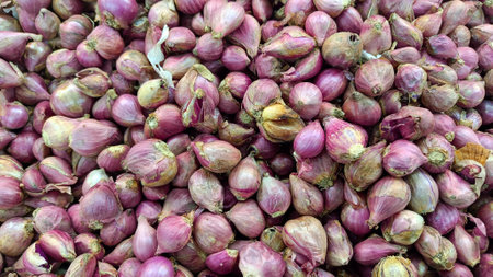 High Angle View Shallots or union sell in the market