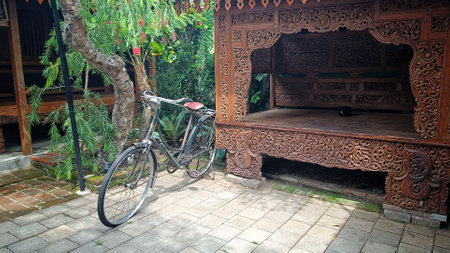 classic bicycle parked in the front yard of a wooden gazeboの写真素材