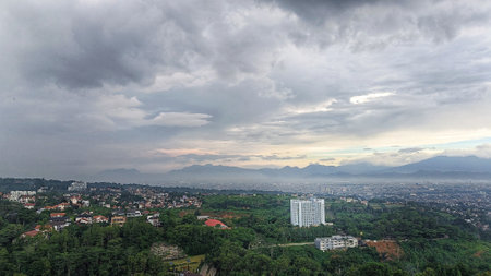 cityscape view of skyscrapers surrounded by green trees and parks with blue sky backgroundの写真素材