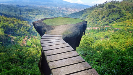 floating land and rocks for tourist photo spots with a background of hills, mountains, green forest...