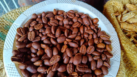 fresh roasted coffee beans in classic sacksの写真素材
