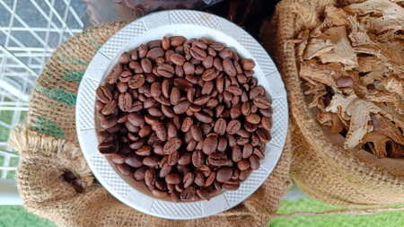 fresh roasted coffee beans in classic sacksの写真素材