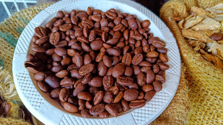 fresh roasted coffee beans in classic sacksの写真素材