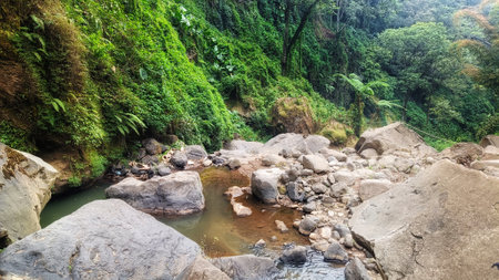 The river water flows surrounded by natural rocksの写真素材