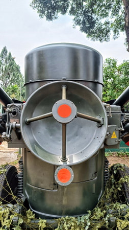 Close up satellite dish radar on war machineの写真素材