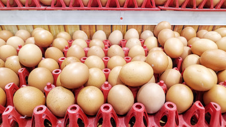 Close Up chicken eggs in crates that are sell in the market