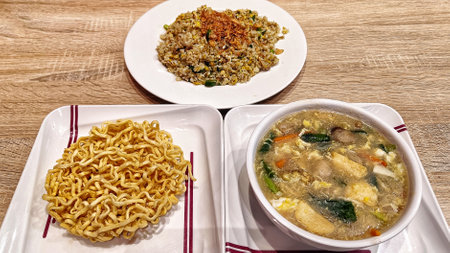 delicious fried rice and crispy deep fried thick noodle dish with creamy soupの写真素材