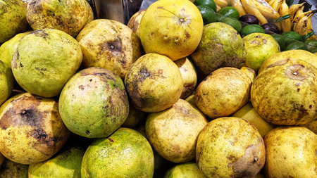 overripe green guava fruits on traditional marketの写真素材