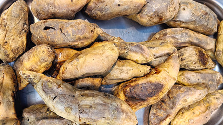 High angle view honey sweet potatoes in the modern marketの写真素材