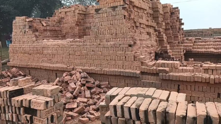 pile of bricks at a construction site in the city of Kolkata in West Bengal in India.