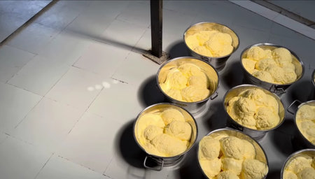Melting ice cream in a metal bowl on the kitchen table.の写真素材