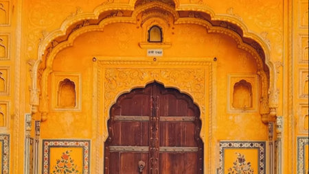 Close-up of the wooden door of the Amber Fort.の写真素材