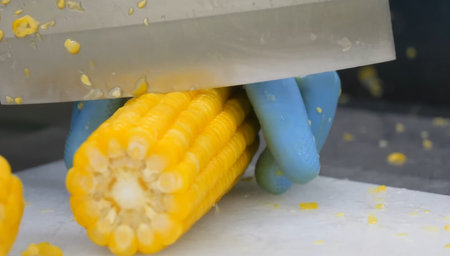 Close up of a woman's hand in a blue glove with corn on the cob.
