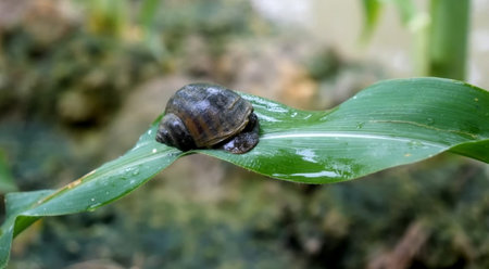 Snail crawling on a green leafの写真素材