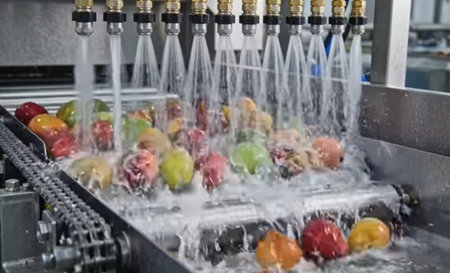 Conveyor belt with fresh fruits on conveyor line in factory