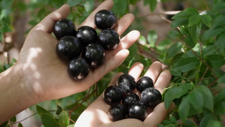A branch of black currant in the hands of a girl.