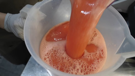 Strawberry jam is being poured into a mixing bowl