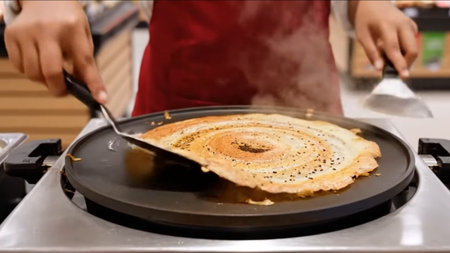 Close-up of a pancake being cooked on a frying pan