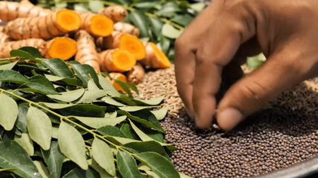 Close-up of farmer's hand picking fresh turmeric in the market