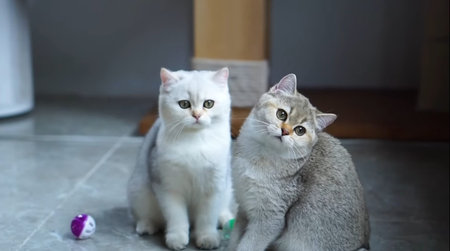 Two cats are sitting on the floor and looking at the camera.