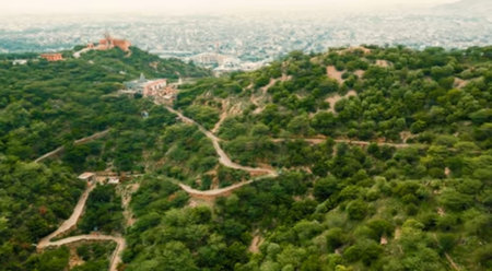 Panoramic view of Montjuic hill in Barcelona, Spain
