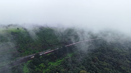 Aerial view of train moving through foggy tropical rainforest.
