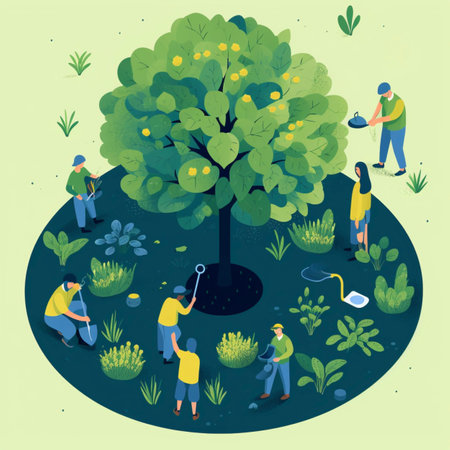 A group planting a tree, in the style of reductionist form, navy and green, cleancore, environmental awareness beautifully made with Generative AIの素材