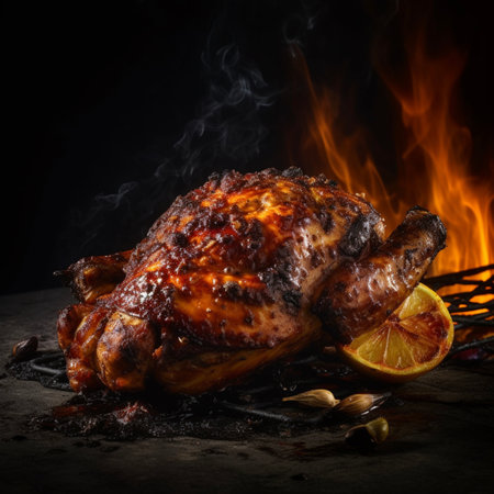 BBQ Jerk chicken, black background, very little smoke, beautifully made with Generative AIの素材