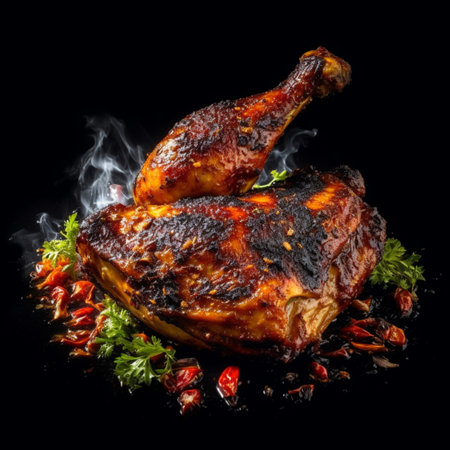 BBQ Jerk chicken, black background, very little smoke, beautifully made with Generative AIの素材