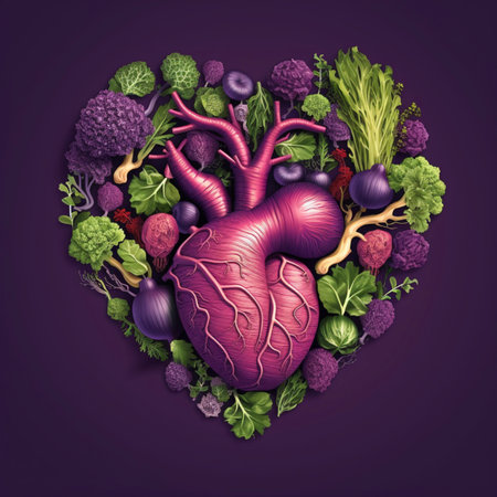 Abstract realistic illustrated human heart made of fresh vegetables, plants, and fruits isolated on a dark purple background, beautifully made with Generative AIの素材