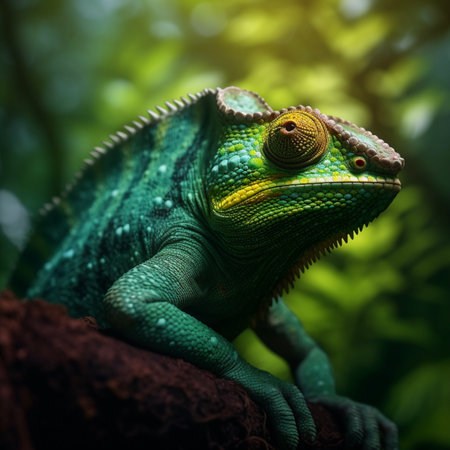 Green colored chameleon close up, beautifully made with Generative AIの素材