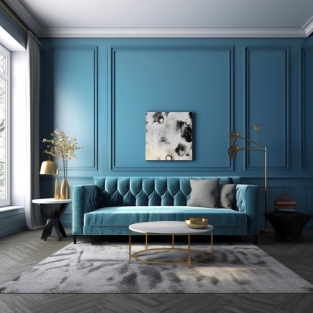 Interior of living room with blue sofa, beautifully made with Generative AIの素材