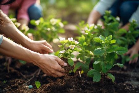 Photorealistic image of seniors gardening together nurturing plants, colorful flowers, green thumbs shared activity, teamwork, cooperation sun hats, gloves, gardening tools, healthy soil laughter, conversation, connection to nature, beautifully made with Generative AIの素材