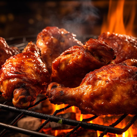 Seasoned juicy chicken drumsticks grilled on the barbecue with fire and smoke background, beautifully made with Generative AIの素材