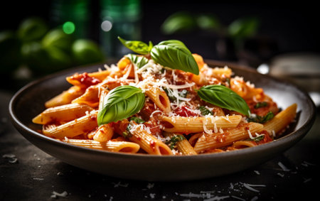 Penne pasta with tomato sauce, parmesan cheese and basil on dark background, beautifully made with Generative AIの素材