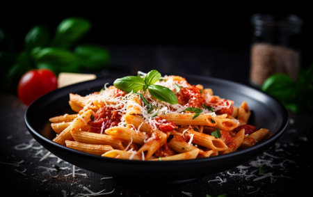 Penne pasta with tomato sauce, parmesan cheese and basil on dark background, beautifully made with Generative AIの素材