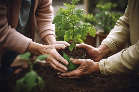 Photorealistic image of seniors gardening together nurturing plants, colorful flowers, green thumbs shared activity, teamwork, cooperation sun hats, gloves, gardening tools, healthy soil laughter, conversation, connection to nature, beautifully made with Generative AIの素材
