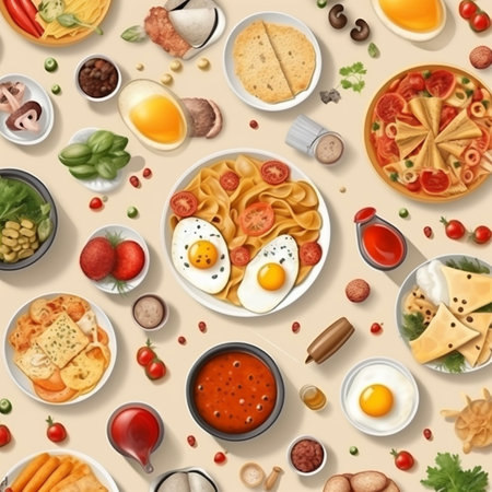 Top view of various foods as culinary concept background illustration, beautifully made with Generative AIの素材