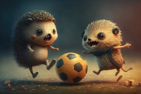 Hedgehog Football: Adorable little creatures playing soccer in their natural habitat, showcasing their playful side and love for the game.の素材