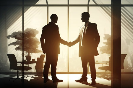 Silhouette of businessmen shaking hands inside an office building, symbolizing successful partnerships and professional relationships.の素材