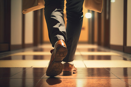 A Businessmanâs Feet Walk Down the Brown Hallway of the Office - Generative AIの素材