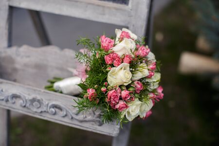 closeup shot of beautiful wedding bouquet lying downの写真素材