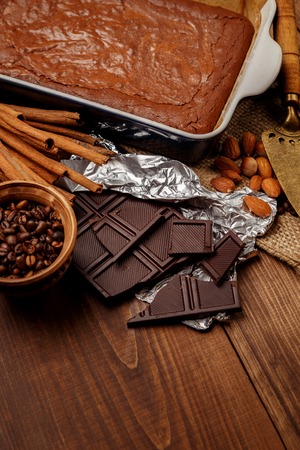 homemade chocolate cake on a baking sheetの写真素材