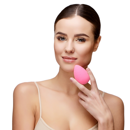 Beautiful Face of Young Woman with Clean Fresh Skin close up isolated on white. Beauty Portrait. Beautiful Spa Woman. Perfect Fresh Skin. Pure Beauty Model. Youth and Skin Care Conceptの写真素材