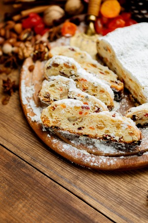 traditional German cake with raisins Dresdner stollen. Christmas treatの写真素材
