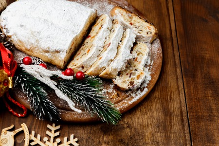 traditional German cake with raisins Dresdner stollen. Christmas treatの写真素材